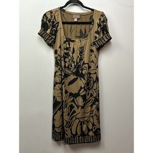 Trulli Dress Womens Small Tan Black Floral Square Neck Puff Sleeve Sheath 10814